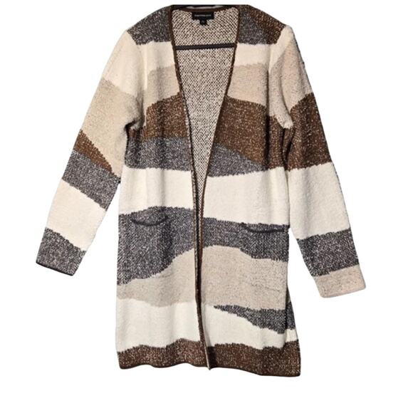 FORTUNE‎ + IVY LONG OPEN FRONT SOFT CARDIGAN BROWN MULTI STRIPED POCKETS L NWOT - Picture 1 of 8